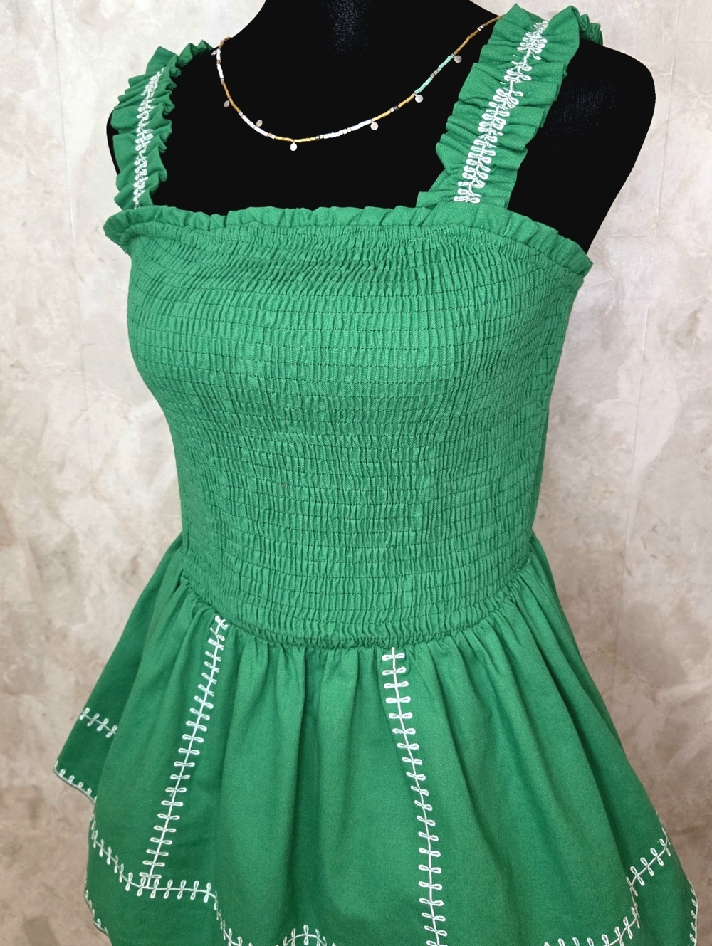 Strut & Bolt Emerald Smocked Peplum Top Embroidered Straps Linen Cottagecore